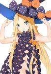  abigail_williams_(fate/grand_order) absurdres arms_up bangs black_bow black_hat blonde_hair blue_eyes blush bow closed_mouth commentary_request eyebrows_visible_through_hair fate/grand_order fate_(series) forehead hat hat_bow head_tilt highres long_hair looking_at_viewer navel nude orange_bow parted_bangs polka_dot polka_dot_bow revealing_clothes smile solo very_long_hair witch_hat yukaa 