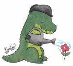  2009 black_eyes chibi clothing colored_pencil_(artwork) crocodile crocodilian cute fingerless_gloves flower freckles_(artist) gloves green_scales green_tail hat holding_object low_res male plant reptile scales scalie side_view signature simple_background sitting solo teeth traditional_media_(artwork) water watering_can white_background 