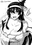  bangs bare_shoulders body_blush breasts cleavage collarbone commentary_request embarrassed flying_sweatdrops furrowed_eyebrows fusou_(kantai_collection) greyscale half-closed_eyes kantai_collection large_breasts long_hair long_sleeves looking_at_viewer monochrome nokishita_kumoemon open_mouth signature simple_background sketch solo twitter_username upper_body wavy_mouth white_background wide_sleeves 
