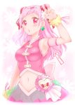  arakawa_tarou armpits back_bow blush bow breasts cure_yell directional_arrow heart highres hugtto!_precure long_hair looking_at_viewer magical_girl medium_breasts midriff navel nono_hana pink_eyes pink_hair pink_skirt precure skirt solo wrist_cuffs 