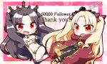  :d absurdres bangs black_bow black_dress blonde_hair blush bow brown_hair cape commentary_request detached_sleeves dress earrings ereshkigal_(fate/grand_order) eyebrows_visible_through_hair fate/grand_order fate_(series) followers hair_bow highres infinity ishtar_(fate/grand_order) jako_(jakoo21) jewelry long_hair long_sleeves looking_at_viewer multiple_girls navel open_mouth parted_bangs red_bow red_cape red_eyes revealing_clothes single_detached_sleeve skull smile thank_you tiara two_side_up v-shaped_eyebrows very_long_hair 