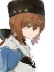  agtt25333 anchor bow brown_eyes brown_hair closed_mouth commentary_request eyebrows_visible_through_hair hair_between_eyes hair_ornament hairclip hat highres kantai_collection long_hair papakha ponytail shirt simple_background smile solo star tashkent_(kantai_collection) white_background 