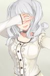  alternate_costume arm_up bangs black_choker blush breasts buttons center_frills choker collarbone commentary_request covering_face eyebrows_visible_through_hair facing_viewer frilled_shirt frills gradient gradient_background grey_background grey_shirt highres inushi kantai_collection kashima_(kantai_collection) long_hair long_sleeves medium_breasts no_hat no_headwear open_mouth outstretched_arm reaching_out self_shot shirt sleeves_past_wrists solo tongue tongue_out twintails upper_body wavy_hair 