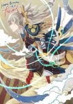  animal blonde_hair bow_(weapon) cloud fire_emblem fire_emblem_if gloves holding holding_bow_(weapon) holding_weapon japanese_clothes modantoire ponytail riding takumi_(fire_emblem_if) weapon white_hair 