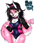  amber_eyes bodysuit breasts canine chest_tuft clothed clothing darkfang100 darkfangcomics female leather mammal school_uniform skinsuit smile solo stealth_the_series tight_clothing trini_silva tuft uniform wolf 