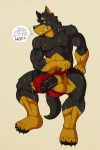  2017 4_toes 5_fingers abs anthro balls beauceron biceps black_hair black_nose black_penis black_skin canine digitigrade dog doggieo doggieo_(character) english_text fur gloves_(marking) hair half-erect hand_on_hip male mammal markings multicolored_fur multicolored_skin muscular muscular_male penis pubes removing_underwear sharp_teeth simple_background smile socks_(marking) solo speech_bubble sweat tan_skin teeth text toes two_tone_fur two_tone_skin vein 
