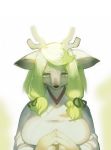  2017 anthro antlers big_breasts breasts cervine clothed clothing deer female fur green_eyes green_hair hair hair_bow hair_ribbon horn kemono kishibe looking_at_viewer mammal ribbons robe simple_background smile solo white_background white_fur 