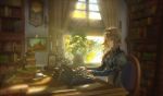  android aqua_eyes blonde_hair book_stack bookshelf chair clock curtains denki paper picture_frame sitting solo table typewriter violet_evergarden violet_evergarden_(character) 