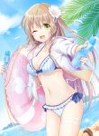  ;d bikini blue_bikini blue_sky blue_stripes bottle breasts brown_hair cleavage cloud cowboy_shot day flower frilled_bikini frills green_eyes hair_flower hair_ornament innertube jacket long_hair looking_at_viewer md5_mismatch medium_breasts moe2018 mono_lith one_eye_closed open_mouth original outdoors pink_innertube ramune side-tie_bikini sky smile solo striped swimsuit vertical-striped_bikini vertical_stripes white_jacket white_stripes 