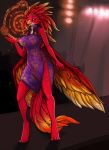  2018 5_fingers anthro avian beak bird breasts clothed clothing digital_media_(artwork) feathered_wings feathers female red_eyes red_feathers robyn_paperdoll smile solo stanidng wings 