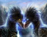  avian beak blue_eyes day detailed_background digital_media_(artwork) feathers hydlunn outside sky smile yellow_eyes 