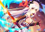  1girl armor blush breasts cosplay dragon_girl dragon_horns fate/grand_order fate_(series) gauntlets gloves grey_hair holding holding_sword holding_weapon horns japanese_armor japanese_clothes kimono kiyohime_(fate/grand_order) kusazuri looking_at_viewer minamo25 shoulder_armor sideboob smile sode solo sword tomoe_gozen_(fate/grand_order) tomoe_gozen_(fate/grand_order)_(cosplay) weapon 