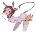  animal_ears bent_over blush breasts brown_hair cat_ears collar commentary_request digimon digimon_adventure_02 fangs gloves hair_ornament hairclip leaning_forward looking_at_viewer open_mouth paw_gloves paws simple_background small_breasts smile solo tail tailmon toku_(ke7416613) yagami_hikari 