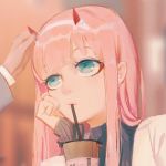  1girl aqua_eyes commentary couple darling_in_the_franxx drinking eyeshadow hairband hetero horns makeup out_of_frame pink_hair ribbed_sweater solo_focus sweater white_hairband wudi_sao_nian zero_two_(darling_in_the_franxx) 