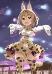 :o animal_ears blonde_hair bow bowtie commentary_request elbow_gloves extra_ears gloves high-waist_skirt highres kemono_friends mountain open_mouth outstretched_arms print_legwear print_neckwear print_skirt sandstar sekira_ame serval_(kemono_friends) serval_ears serval_tail short_hair skirt sleeveless solo tail thighhighs yellow_eyes zettai_ryouiki 