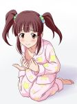  bangs barefoot blue_scrunchie blunt_bangs blush brown_eyes brown_hair closed_mouth collarbone eyebrows_visible_through_hair flat_chest full_body hair_ornament hair_scrunchie idolmaster idolmaster_cinderella_girls kneeling knees_together_feet_apart lielos light_frown long_hair long_sleeves looking_at_viewer nipples ogata_chieri pajamas pajamas_pull pulled_by_self raised_eyebrows scrunchie sidelocks simple_background solo star star_hair_ornament star_print tareme twintails white_background 
