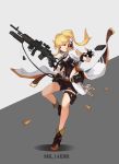  ankle_boots bangs battle_rifle black_footwear black_gloves black_shorts blonde_hair boots breasts cleavage ear_protection fingerless_gloves full_body girls_frontline gloves gun holding holding_gun holding_weapon jacket leg_up long_hair looking_at_viewer m14 m14_(girls_frontline) mai_(xskdizzy) medium_breasts mk_14_ebr necktie open_clothes open_jacket original pouch red_eyes rifle shell_casing short_sleeves shorts smoke solo standing standing_on_one_leg thigh_strap trigger_discipline twintails two-tone_background waist_cape weapon white_jacket zipper 