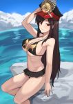  bare_shoulders beach bikini black_bikini black_hair blue_sky breasts cleavage cloud day fate/grand_order fate_(series) hat k_jin large_breasts long_hair looking_at_viewer navel oda_nobunaga_(fate) oda_nobunaga_(swimsuit_berserker)_(fate) outdoors red_eyes sitting sky smile solo swimsuit 