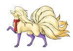  2018 ambiguous_gender armwear canine clothed clothed_feral clothing elbow_gloves feral fur gloves hair legwear looking_at_viewer mammal multi_tail ninetales nintendo pok&eacute;mon pok&eacute;mon_(species) purple_eyes scarf simple_background smile socks solo spice strut tan_fur thick_thighs thigh_highs video_games white_background ziravore 