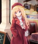  augu_(523764197) bag blonde_hair blue_eyes blush closed_mouth coat eyebrows_visible_through_hair hand_in_pocket handbag hat highres long_hair looking_at_viewer original outdoors red_coat red_hat smile solo starbucks 