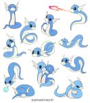  blue blue_skin bluekomadori breathing_fire creature dratini fire happy head_tilt highres hug jumping looking_at_viewer looking_away lying no_humans pokemon pokemon_(creature) pokemon_(game) pokemon_rgby sad simple_background sitting sleeping standing watermark web_address white_background 