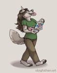  2018 anthro barefoot brown_hair canine cheek_tuft claws clothing doughnut elbow_tufts eyewear female food fur glasses hair holding_food holding_object looking_back mammal multicolored_fur object_in_mouth pants pawpads sepia_(artist) shirt simple_background smile solo toe_claws tuft two_tone_fur walking white_background 
