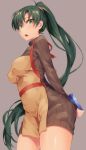  :o alternate_costume apron arms_behind_back blush box breasts brown_sweater cowboy_shot dress eyebrows_visible_through_hair fire_emblem fire_emblem:_rekka_no_ken from_below gift gift_box green_eyes green_hair grey_background high_ponytail highres holding holding_gift long_hair long_sleeves looking_at_viewer looking_down lyndis_(fire_emblem) medium_breasts open_mouth ponytail shinon_(tokage_shuryou) shiny shiny_hair simple_background solo standing sweater sweater_dress thighs turtleneck turtleneck_sweater valentine very_long_hair yellow_neckwear 