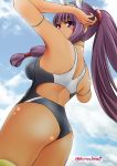  animal_ears arm_behind_head armpits ass back breasts dark_skin earrings fate/grand_order fate_(series) jackal_ears jewelry kuroba_dam large_breasts long_hair nitocris_(fate/grand_order) nitocris_(swimsuit_assassin)_(fate) one-piece_swimsuit ponytail purple_eyes purple_hair solo swimsuit tiara very_long_hair 