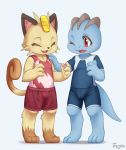  2017 anthro blue_skin blush brown_fur clothed clothing cub duo eyes_closed fultemounte fur machop male meowth nintendo nipples one_eye_closed pok&eacute;mon pok&eacute;mon_(species) red_eyes simple_background standing video_games white_background young 