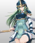  armor belt blue_armor blue_eyes breastplate detached_sleeves fire_emblem fire_emblem:_souen_no_kiseki gloves green_eyes green_hair helmet long_hair looking_at_viewer nephenee polearm skirt solo spear tdob_mk2 thighhighs weapon white_background 