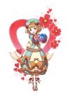  ankle_lace-up beatrice_(princess_principal) blue_dress blue_hat blush bow box brown_bow brown_eyes brown_footwear brown_hair cross-laced_footwear dress flower frilled_dress frills full_body gift hat hat_bow heart heart-shaped_box highres looking_at_viewer official_art princess_principal princess_principal_game_of_mission solo standing transparent_background 