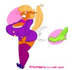  2016 angry anthro anthrofied big_breasts big_butt blonde_hair blue_eyes breasts butt butt_slap cleavage clothed clothing digital_media_(artwork) disembodied_hand duo earth_pony equine eyeshadow female footwear friendship_is_magic fully_clothed hair high_heels horse huge_breasts legwear makeup mammal mature_female ms_harshwhinny_(mlp) my_little_pony nipple_bulge pony shoes short_hair slap smutbooru solo_focus standing teeth thick_thighs thigh_highs wide_hips 