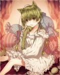  :o animal_ears bangs between_legs blue_ribbon blush breasts cat_ears cat_tail cleavage collarbone commentary_request curtains dress fang feet_out_of_frame frills green_eyes green_hair hair_between_eyes hair_ribbon holding_own_tail indoors kazutake_hazano long_hair long_sleeves looking_at_viewer nightgown off_shoulder open_mouth oversized_object polka_dot puffy_long_sleeves puffy_sleeves ribbon shiro_seijo_to_kuro_bokushi sitting small_breasts solo sparkle tail white_dress wrapped_candy 