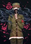  bandaged_hands bandages black_hair danganronpa finger_to_mouth hat kogarashi_8 long_hair looking_at_viewer male_focus mask new_danganronpa_v3 school_uniform shinguuji_korekiyo shushing solo yellow_eyes 