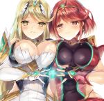  armor bare_shoulders blonde_hair blush breast_squeeze breasts cleavage commentary_request crystal earrings fingerless_gloves glint gloves hikari_(xenoblade_2) hinot homura_(xenoblade_2) jewelry large_breasts long_hair looking_at_viewer multiple_girls parted_lips red_eyes red_hair seductive_smile shiny shiny_hair short_hair shoulder_pads sidelocks smile tiara upper_body white_background xenoblade_(series) xenoblade_2 yellow_eyes 