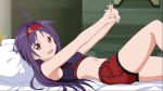  :d ahoge bed_sheet bra breasts from_side game_cg headband highres indoors long_hair looking_at_viewer lying midriff navel official_art on_back open_mouth outstretched_arms pillow purple_bra purple_hair red_eyes red_shorts short_shorts shorts small_breasts smile solo sports_bra stomach sword_art_online sword_art_online:_fatal_bullet underwear very_long_hair yuuki_(sao) 