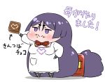  absurdly_long_hair apron black_legwear chibi chocolate closed_mouth commentary eyebrows_visible_through_hair fate/grand_order fate_(series) food food_on_face hand_on_hip heart highres holding jitome long_hair looking_at_viewer low-tied_long_hair minamoto_no_raikou_(fate/grand_order) neck_ribbon purple_eyes purple_hair red_neckwear red_ribbon rei_(rei_rr) ribbon short_eyebrows simple_background smile solo standing thighhighs translated valentine very_long_hair white_background 