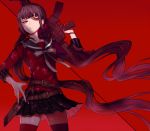  assault_rifle black_hair black_skirt danganronpa gun harukawa_maki holding holding_weapon knife kogarashi_8 long_hair new_danganronpa_v3 pleated_skirt red_background red_eyes red_legwear rifle skirt solo standing thighhighs twintails very_long_hair weapon 