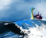  black_eyes blue_sky closed_mouth commentary gen_1_pokemon lapras looking_afar looking_away madcookiefighter no_humans ocean pokemon pokemon_(creature) signature sky solo swimming water waves 