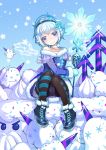  bangs blue_eyes blue_hair boots bulge buttons choker commentary_request cookie_run crotch_seam dress earmuffs ghost hair_ornament knees_together_feet_apart korean_commentary looking_at_viewer male_focus mittens otoko_no_ko panties pantyhose personification print_legwear riccae short_hair smile snow_sugar_cookie snowflakes solo star underwear wand white_panties wings 