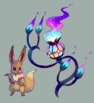  brown_eyes chandelure commentary creature eevee fire floating full_body fushigi_no_dungeon gen_1_pokemon gen_5_pokemon ghost glitchedpuppet grey_background holding holding_book holding_feather looking_at_another no_humans pokemon pokemon_(creature) pokemon_(game) pokemon_fushigi_no_dungeon purple_fire simple_background standing yellow_eyes 