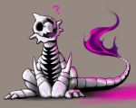  charmeleon claws commentary fiery_tail fire full_body gen_1_pokemon grey_background hands_together head_tilt irony looking_at_viewer madcookiefighter no_humans open_mouth pokemon pokemon_(creature) pokemon_insurgence purple_fire shadow sharp_teeth simple_background sitting skeleton solo tail teeth undead 