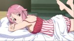  barefoot bed_sheet breast_press breasts crossed_arms dress frilled_dress frills from_side game_cg hair_ornament hairclip highres indoors large_breasts lisbeth looking_at_viewer lying official_art on_stomach pillow pink_hair red_eyes short_hair sideboob sleeveless sleeveless_dress smile solo striped sword_art_online sword_art_online:_fatal_bullet the_pose vertical-striped_dress vertical_stripes 