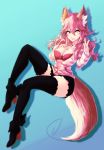  absurdres animal_ears black_legwear bra breasts cleavage collarbone fate/extra fate/grand_order fate_(series) fox_ears fox_tail gradient gradient_background hand_on_own_chest highres jewelry large_breasts long_hair looking_away necklace open_clothes open_shirt pink_bra pink_hair riko_(rikooh) shirt solo striped striped_shirt tail tamamo_(fate)_(all) tamamo_no_mae_(fate) thighhighs underwear yellow_eyes 