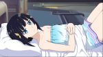  bed_sheet black_hair blue_dress blue_eyes breasts collarbone dress from_side game_cg hair_ornament hands_on_own_stomach highres indoors looking_at_viewer lying mole mole_under_eye official_art on_back pillow premiere_(sao) short_dress short_hair small_breasts solo strapless strapless_dress sword_art_online sword_art_online:_fatal_bullet 
