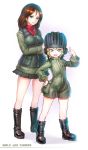  :| bangs black_footwear black_hair black_skirt black_vest blonde_hair blue_eyes boots breast_hold breasts closed_mouth commentary_request copyright_name emblem fang girls_und_panzer green_jacket green_jumpsuit hand_on_hip helmet highres jacket katyusha long_hair long_sleeves looking_at_viewer medium_breasts military military_uniform miniskirt multiple_girls nonna open_mouth pleated_skirt pravda_military_uniform red_shirt shirt short_hair short_jumpsuit skirt smile standing swept_bangs turtleneck umipro uniform vest 