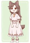  :d animal_ears bangs blush brown_hair carrot carrot_necklace commentary cosplay eyebrows_visible_through_hair full_body green_background imaizumi_kagerou inaba_tewi inaba_tewi_(cosplay) long_hair long_skirt looking_at_viewer no_nose open_mouth pink_shirt pink_skirt poronegi puffy_short_sleeves puffy_sleeves red_eyes shirt shoes short_sleeves simple_background skirt smile solo standing tail touhou white_footwear wolf_ears wolf_tail younger 