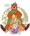  2018 age_difference anthro black_nose bottomless brown_bear canine clothed clothing disney fox fur hat hi_res lagomorph little_john male mammal rabbit robin_hood robin_hood_(disney) simple_background size_difference skippy uochandayo ursine young 