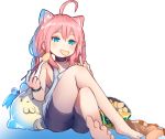  ahoge animal_ear_fluff animal_ears bag_of_chips bare_shoulders barefoot black_choker black_shorts cat_ears chips choker chopsticks collarbone commentary_request food grey_tank_top hinata_channel holding holding_chopsticks long_hair low_twintails mouth_hold nekomiya_hinata pink_hair rk_(rktorinegi) short_shorts shorts side_ponytail sidelocks sitting solo tank_top thighs toenails twintails very_long_hair virtual_youtuber 
