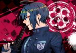  ahoge danganronpa gun hair_between_eyes handgun holding holding_weapon kogarashi_8 long_sleeves looking_at_viewer male_focus new_danganronpa_v3 orange_eyes revolver saihara_shuuichi solo weapon 